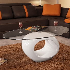 Măsuță de cafea cu blat oval din sticlă, alb lucios - Img 5