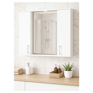 Oglinda baie cu dulap GN0001, dreptunghiulara, PAL Lucios, iluminare led, 3 rafturi, 75 cm, alb