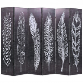 Paravan cameră pliabil, negru&amp;alb, 228 x 170 cm, imprimeu pene