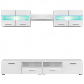 Set comodă TV de perete, 5 piese, lumini LED, alb lucios - Img 3