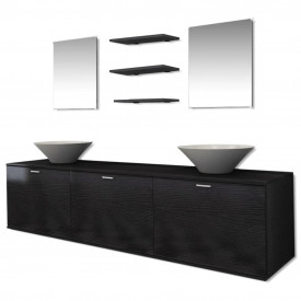 Set mobilier baie format din 8 piese cu chiuvete incluse, Negru - Img 2