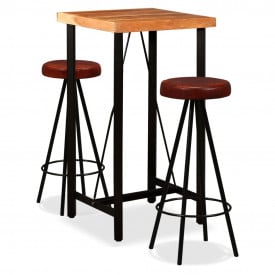 Set mobilier bar, 3 piese, lemn masiv sheesham, piele naturală - Img 1