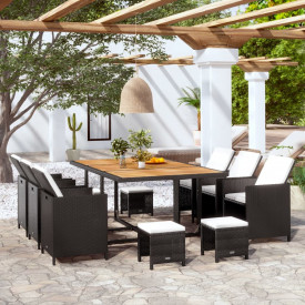 Set mobilier de exterior 27 piese, poliratan și acacia, negru