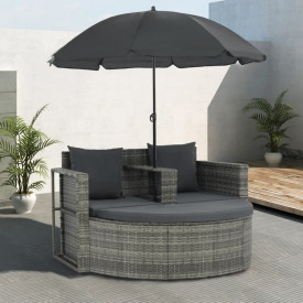 vidaXL Set canapea 2 locuri de exterior, cu umbrelă, poliratan, gri