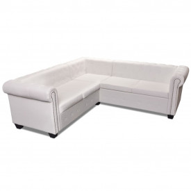 Canapea colțar Chesterfield cu 5 locuri din piele artificială, alb - Img 2