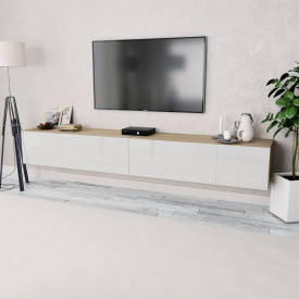 Comode TV, 2 buc, PAL, 120 x 40 x 34 cm, alb lucios și stejar - Img 1