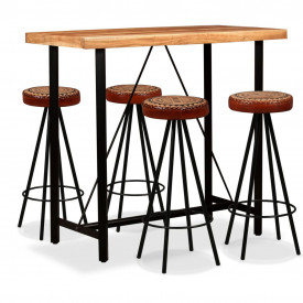 Mobilier bar 5 piese, lemn sheesham, piele naturală și pânză