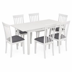 Set masa living extensibila Miami, MDF, lemn masiv, 120 150 x 80 x 73.8 cm si 6 scaune Houston, stofa,100 kg, 94x49x40 cm, alb gri - Img 3