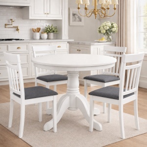 Set masa living rotunda Montreal, lemn masiv, MDF, 90x73.8 cm si 4 scaune lemn masiv Hudson, tapiterie stofa,100 kg, 94x50x42 cm, alb gri