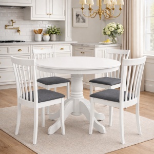 Set masa living rotunda Montreal, lemn masiv, MDF, 90x73.8 cm si 4 Houston, stofa,100 kg, 94x49x40 cm, alb gri