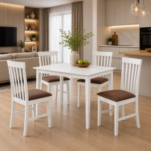 Set masa living si bucatarie Bali, MDF, 112x72x74 cm si 4 scaune Glendale, stofa,100 kg, 93x49x41.5 cm, alb maro