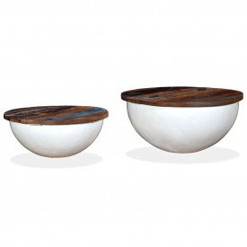 Set măsuțe cafea, 2 piese, lemn masiv reciclat, alb, formă bol - Img 11