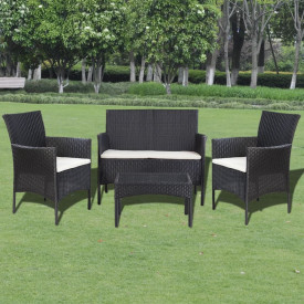 Set mobilier grădină, 7 piese, poliratan, negru și alb crem - Img 7