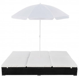 Șezlong cu umbrelă, poliratan, negru - Img 2