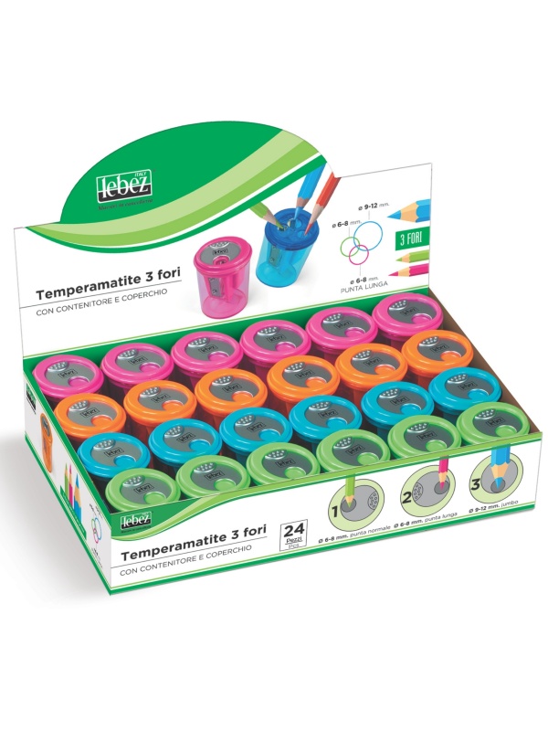 Ascutitoare de creion cu 3 gauri si container transparent, 4 culori (24 buc/display)