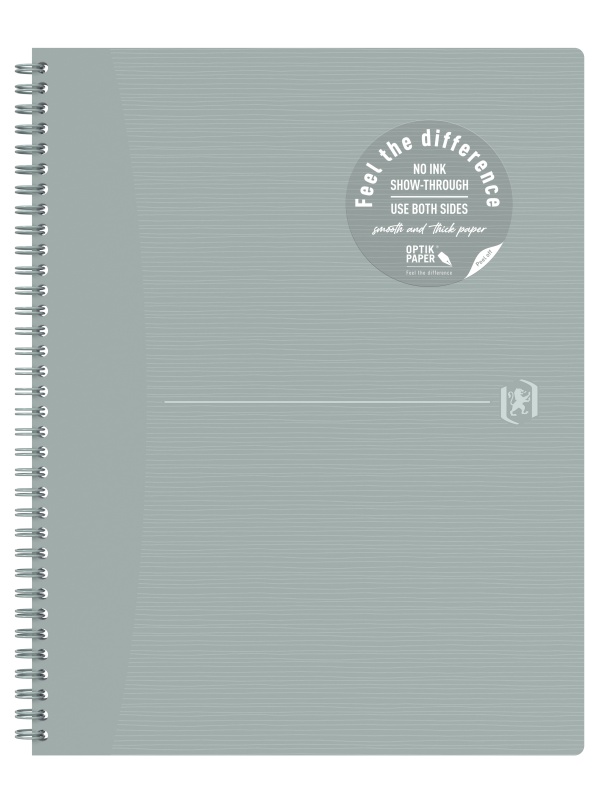 CAIET OXFORD ORIGINS, A4+ 70 FILE, HARTIE OPTIK 90G/MP, SPIRA DUBLA, SCRIBZEE, ECOLABEL, COPERTA PLASTIFIATA FLEXIBILA, MICROPERFORATII, PAGINA INFO PERSONALE, PATRATELE, CULOARE GRI