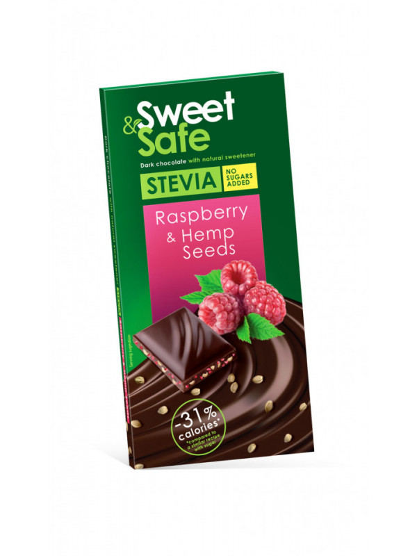 Ciocolata amaruie cu seminte canepa si zmeura cu indulcitor stevie 90gr "sweet & safe" sly nutritia