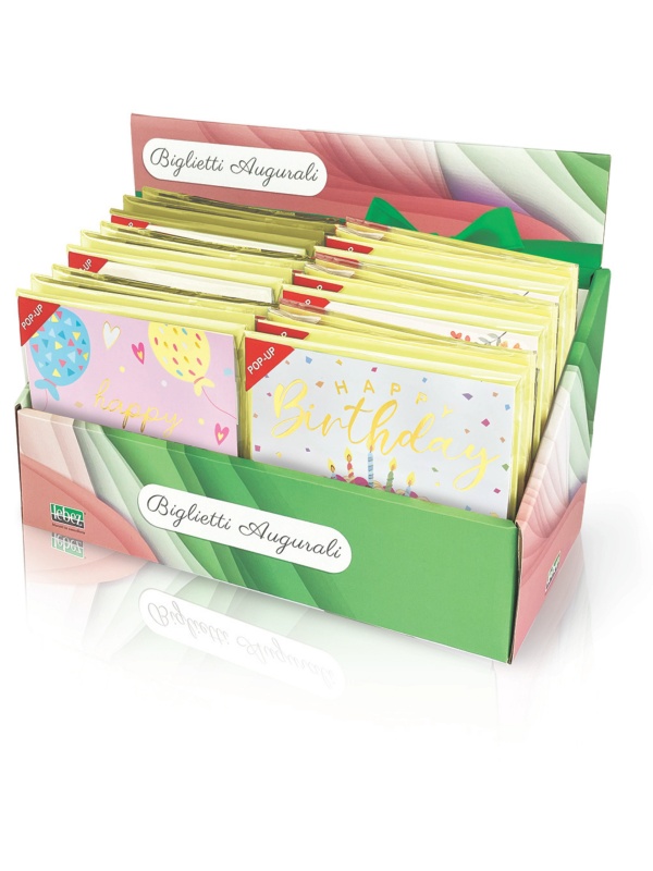 Felicitare POP-UP zi de nastere, cu modele asortate cu detalii aurii pe exteriorul felicitarii - 13.5 x 13.5 cm (48 buc/display)
