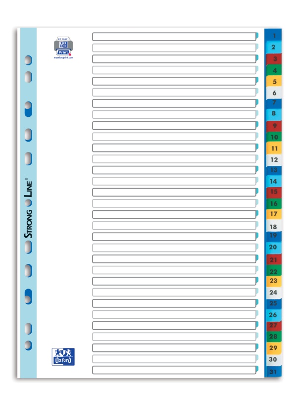INDEX PLASTIC NUMERIC OXFORD A4 1-31, 31 FILE/SET, 11 PERFORATII PENTRU INDOSARIERE, INCLUDE CUPRINS, CULORI ASORTATE
