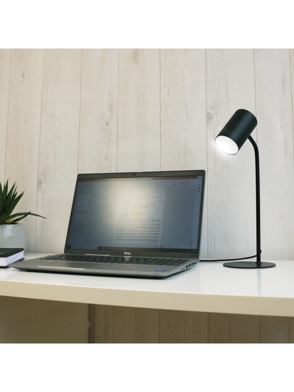 LAMPA UNILUX LED KATZ PENTRU BIROU, DESIGN ELEGANT SI PRACTIC, CAP AJUSTABIL, COMUTATOR TACTIL CU 3 NIVELURI PENTRU AJUSTAREA INTENSITATII SI CULORII LUMINII, CABLU USB INTEGRAT, INALTIME 33 CM, BAZA SI BRAT DIN METAL, CULOARE NEGRU