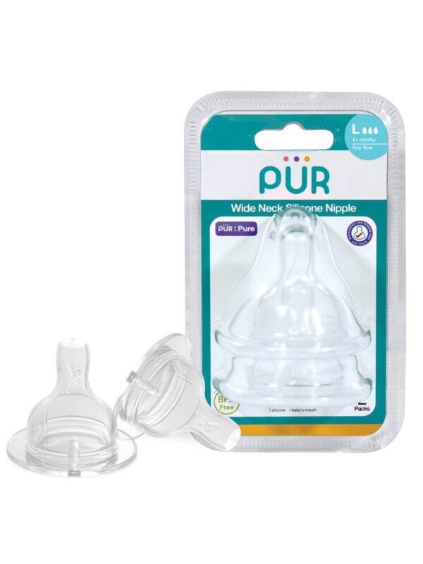 PUR 3257 – SET TETINE SILICON PENTRU BIBERON CU GURA LARGA – MARIME L, +6 LUNI, 2 BUC
