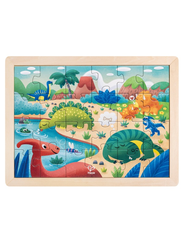 Puzzle din lemn 2 in 1 - Dinozauri (26 piese), cu fata dubla si activitate colorare