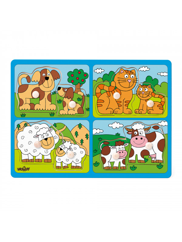 Puzzle din lemn cu butoni - Animale de companie si puii lor