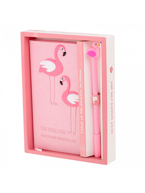 Set Cadou pentru Copii, Caiet cu Flamingo finisat cu piele ecologica + Pix cu Flamingo