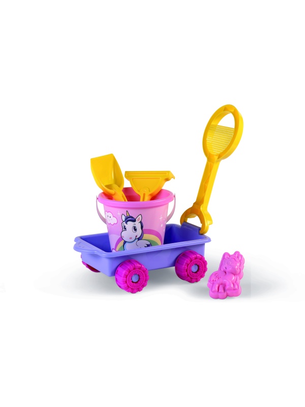 Carucior Unicorn cu unelte pentru apa si nisip si galetusa incluse