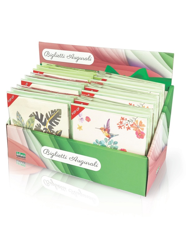Felicitare POP-UP fantasie, cu modele asortate cu detalii aurii pe exteriorul felicitarii - 13.5 x 13.5 cm (48 buc/display)
