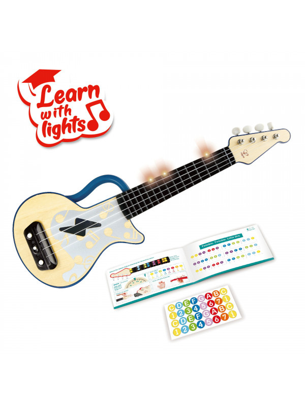Jucarie din lemn - Instrument Ukulele (chitara) albastru - invata sa canti cu lumini