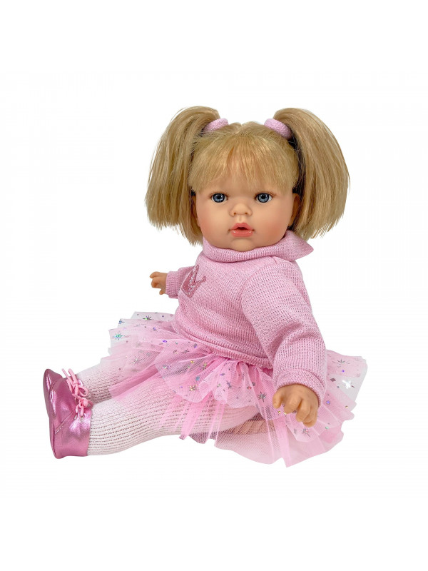 Papusa Nines D'Onil, Tita, cu parul blond, cu fusta plumeti roz, cu miros de vanilie, 45 cm