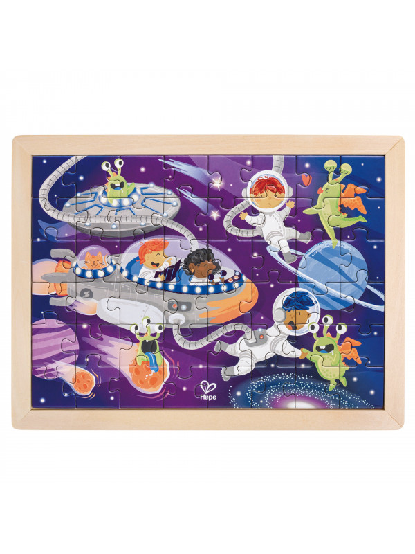 Puzzle din lemn 2 in 1 - Prietenii din Spatiu (50 piese), cu fata dubla si activitate colorare