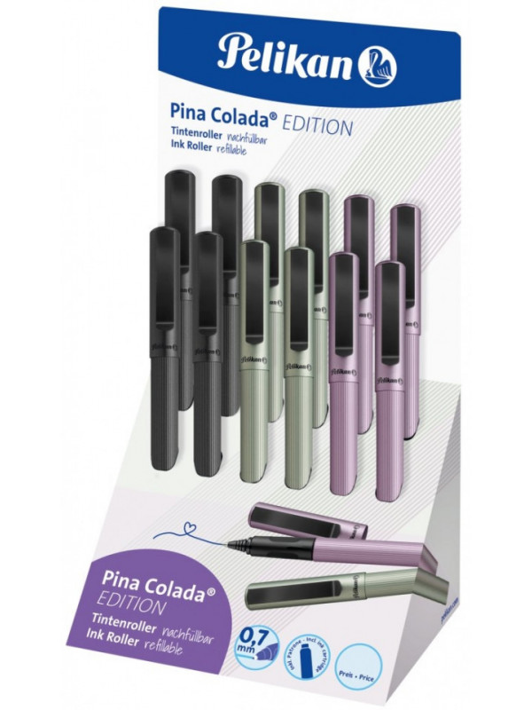 ROLLER PINA COLADA, GRIP ERGONOMIC, AMBIDEXTRU, 1 REZERVA ALBASTRA INCLUSA, 3 CULORI METALICE ASORTATE MOV/OLIVE/ANTRACIT, DISPLAY 12 BUC