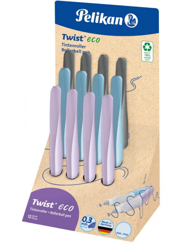 ROLLER TWIST ECO, GRIP ERGONOMIC, AMBIDEXTRU, 2 REZERVE ALBASTRE INCLUSE, 3 CULORI MOV DESCHIS/ALBASTRU DESCHIS/GRI DESCHIS, DISPLAY 12 BUC