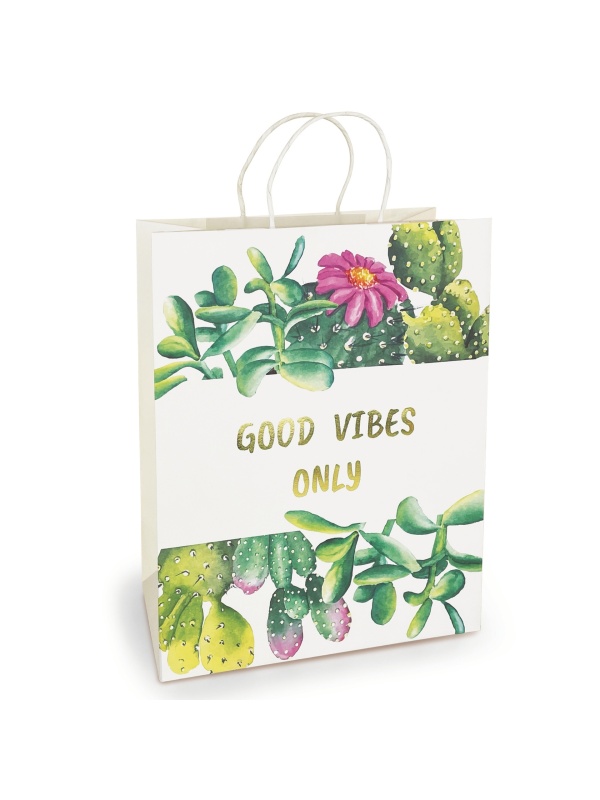 Sacosa Good Vibes Only, din hartie cu maner de hartie rasucit, 33 x 45.7 x 10.2 cm (20 buc/display)
