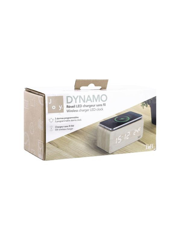 TNB LED alarm clock with wood finish and induction charger
