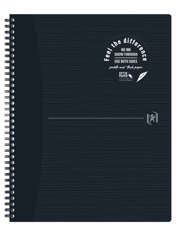 CAIET OXFORD ORIGINS, A4+ 70 FILE, HARTIE OPTIK 90G/MP, SPIRA DUBLA, SCRIBZEE, ECOLABEL, COPERTA PLASTIFIATA FLEXIBILA, MICROPERFORATII, PAGINA INFO PERSONALE, PATRATELE, CULOARE NEGRU
