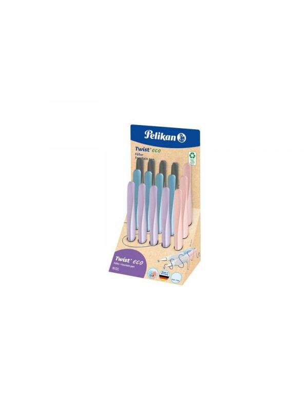 DISPLAY STILOU TWIST DIN MATERIAL RECICLAT, 15 BUC ASORTATE (4 ALBASTRU, 3 ROZ, 4 MOV, 4 GRI)