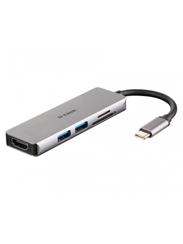 HUB extern D-LINK, porturi SD/microSD Dual Card Reader x 1, USB 3.0 x 2, HDMI x 1, conectare prin USB Type C, cablu 11.5 cm, argintiu "DUB-M530"