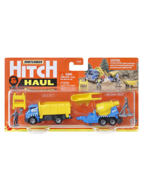 MATCHBOX HITCH&HAUL SET 2 VEHICULE MBX CONSTRUCTION ZONE TILT N TIP MBX CEMENT TRAILER SCARA 1:64