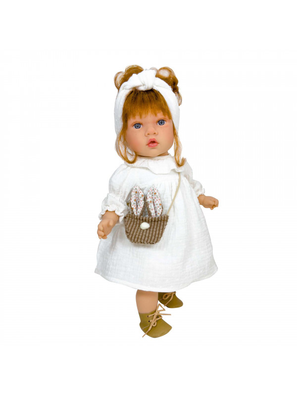 Papusa Nines D'Onil, Susette Plumeti, cu parul roscat, cu sunete, cu rochie alba, cu miros de vanilie, 45 cm