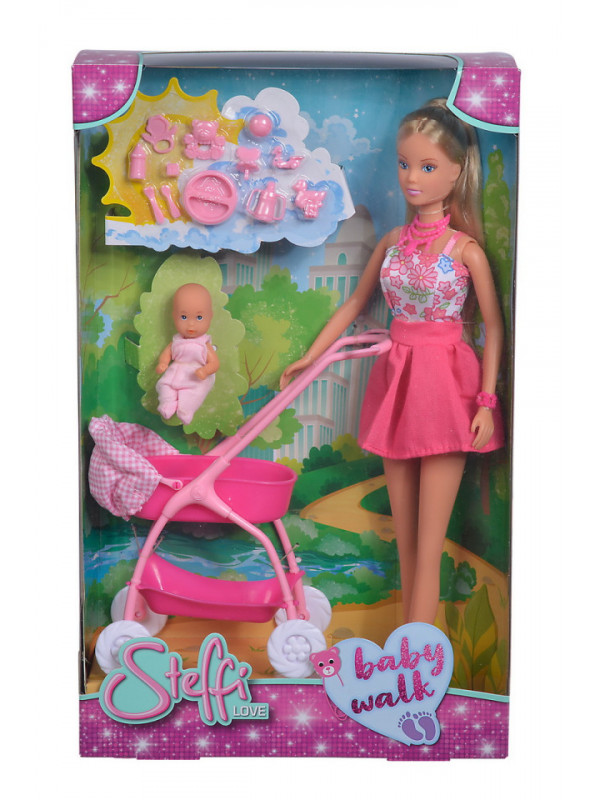 Papusa steffi in rochita roz si cu carucior bebe