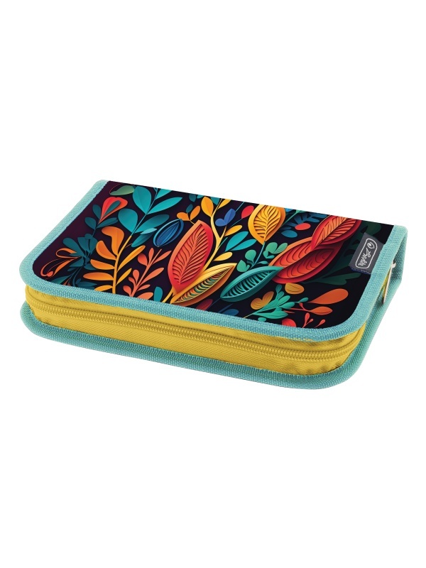 PENAR ECHIPAT 34 PIESE CU 2 CLAPE, INCLUDE ARTICOLE DE COLORIAJ, ARTICOLE PENTRU SCRIS SI STERS, FERMOAR ASCUNS, INTERIOR TEXTIL, DIMENSIUNE 13.5 X 19.5 X 3.5 CM, MOTIV ABSTRACT FLOWERS