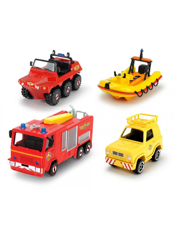 Pompierul sam set 4 vehicule din metal cu barca scara 1:64