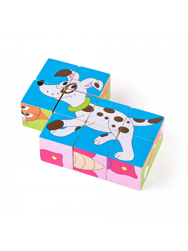 Puzzle din lemn cuburi - Animale colorate