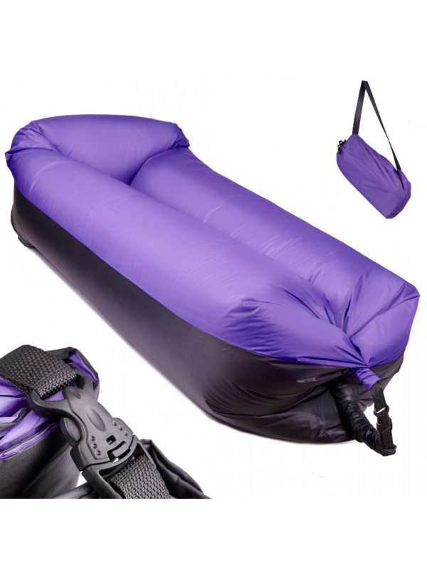 Saltea Autogonflabila "Lazy Bag" tip sezlong, 185 x 70cm, culoare Negru-Violet, pentru camping, plaja sau piscina