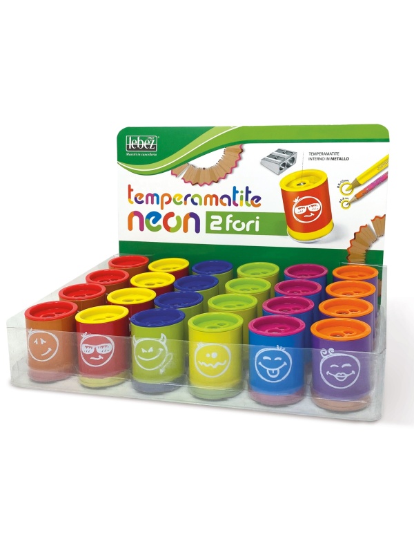 Ascutitoare de creion cu 2 gauri si container Neon, 6 modele (24 buc/display)