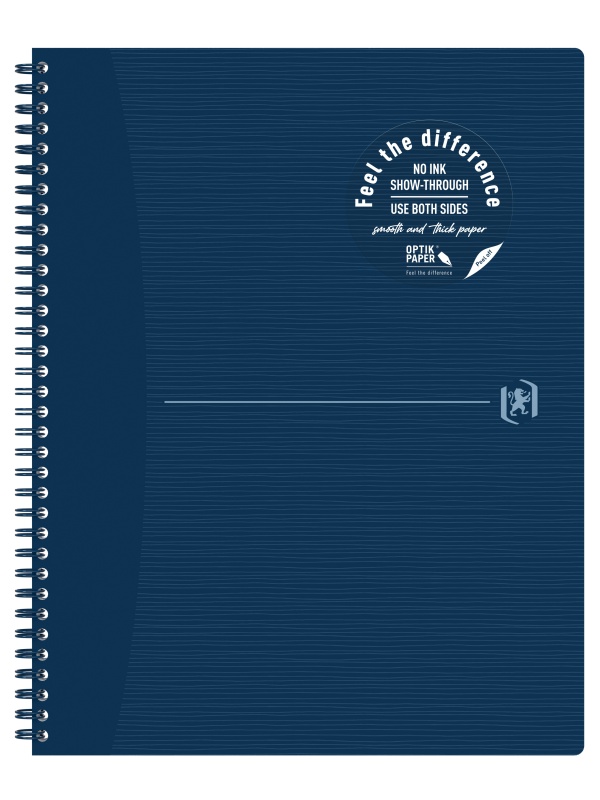 CAIET OXFORD ORIGINS, A4+ 70 FILE, HARTIE OPTIK 90G/MP, SPIRA DUBLA, SCRIBZEE, ECOLABEL, COPERTA PLASTIFIATA FLEXIBILA, MICROPERFORATII, PAGINA INFO PERSONALE, PATRATELE, CULOARE ALBASTRU INCHIS