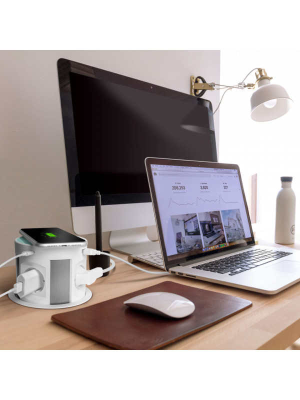 Distribuitor pop-up - 4 prize + încărcător wireless + 2xUSB + 2xType-C - alb